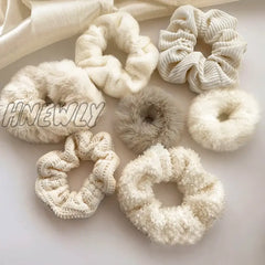 Hnewly Fashion Furry Scrunchies White Rubber Bands For Women Girls Korean Elastic Hair Band