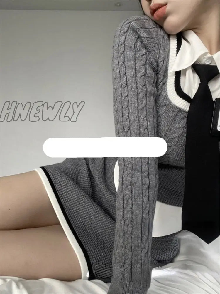 Hnewly Fashion Knitted Suit Woman Y2K Crop Tops Sweater + Casual Shirt Slim Bodycon Mini Skirt