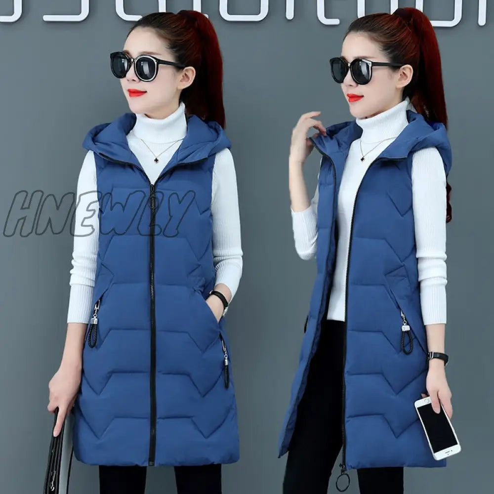 Hnewly Fashion New Autumn Winter Long Cotton Vest Women Jacket Korean Hooded Sleeveless Coat Plus