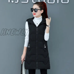 Hnewly Fashion New Autumn Winter Long Cotton Vest Women Jacket Korean Hooded Sleeveless Coat Plus