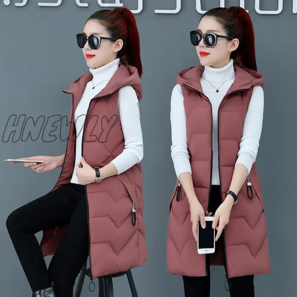 Hnewly Fashion New Autumn Winter Long Cotton Vest Women Jacket Korean Hooded Sleeveless Coat Plus