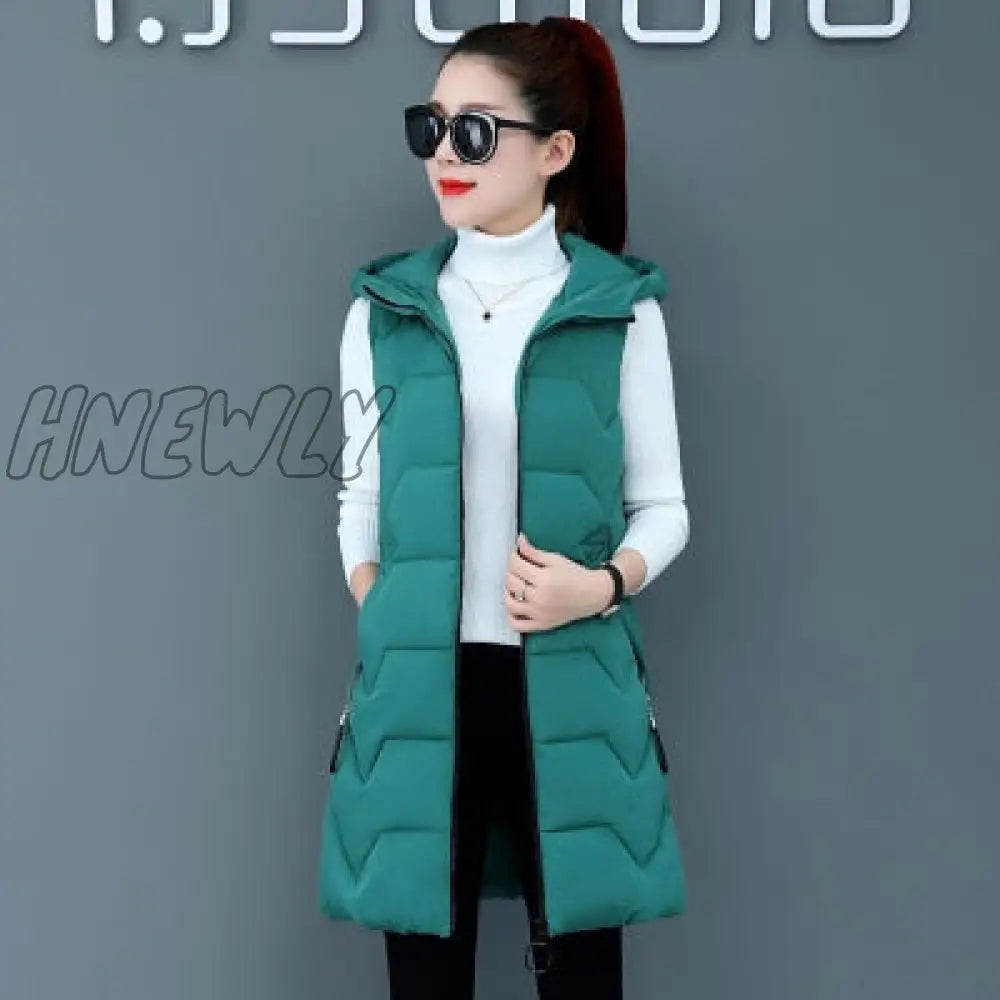 Hnewly Fashion New Autumn Winter Long Cotton Vest Women Jacket Korean Hooded Sleeveless Coat Plus