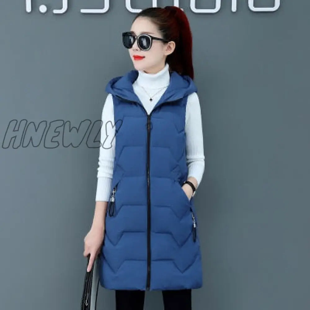 Hnewly Fashion New Autumn Winter Long Cotton Vest Women Jacket Korean Hooded Sleeveless Coat Plus