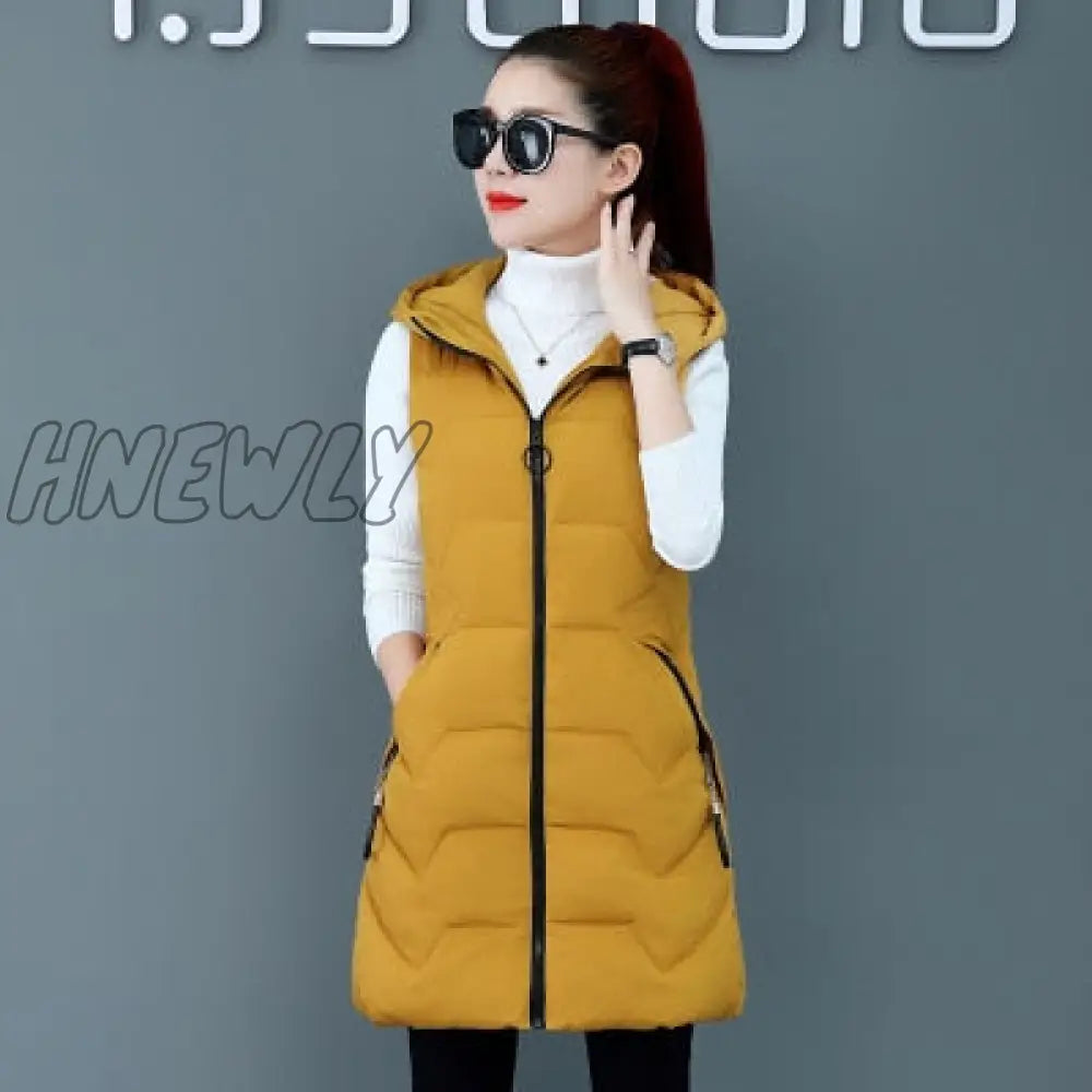 Hnewly Fashion New Autumn Winter Long Cotton Vest Women Jacket Korean Hooded Sleeveless Coat Plus