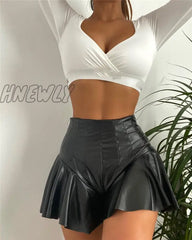 Hnewly Fashion Pu Lether Shorts Skirt Women High Waist Soild Color A-Line Mini Casual Club Sexy