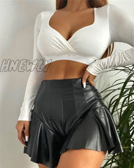 Hnewly Fashion Pu Lether Shorts Skirt Women High Waist Soild Color A-Line Mini Casual Club Sexy