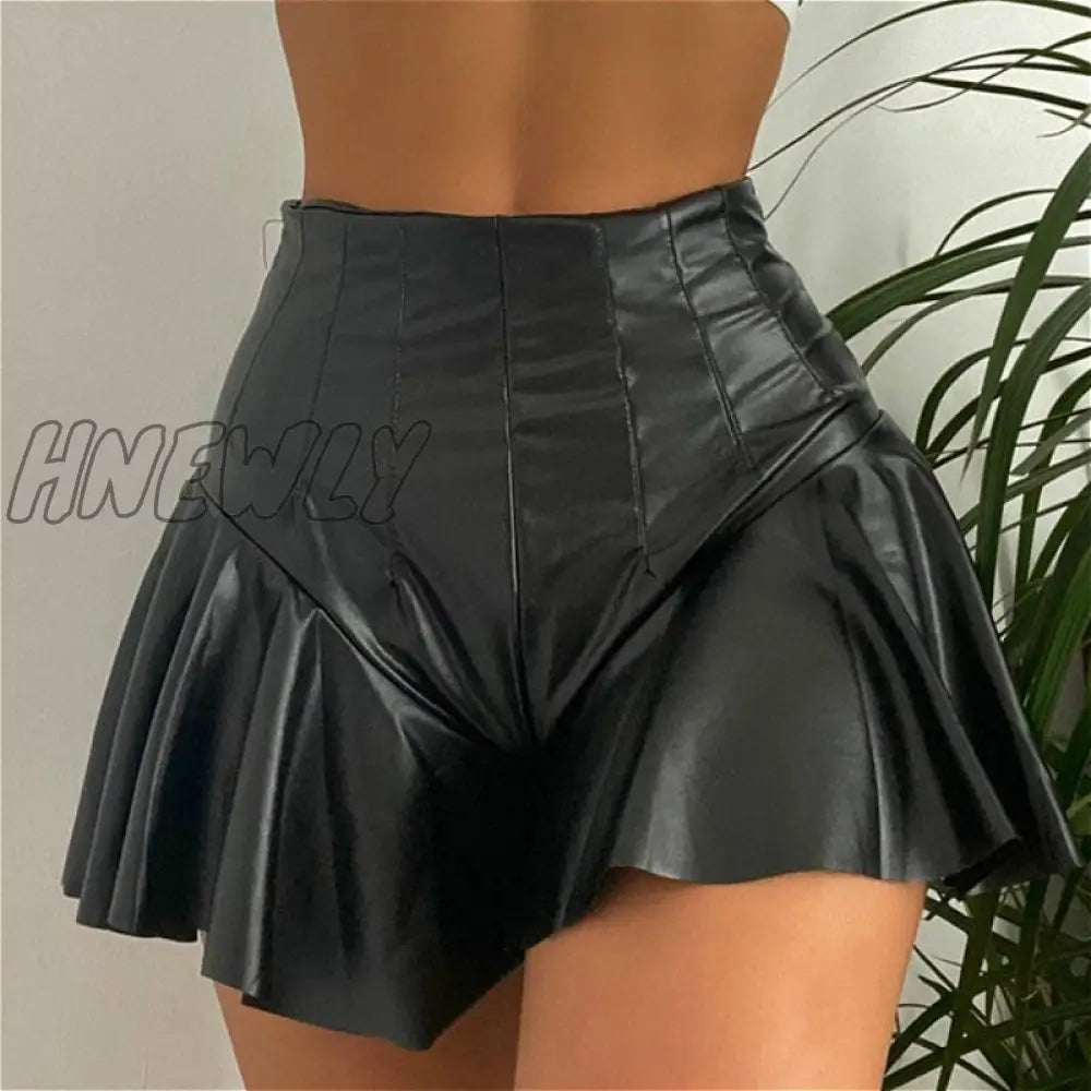 Hnewly Fashion Pu Lether Shorts Skirt Women High Waist Soild Color A-Line Mini Casual Club Sexy