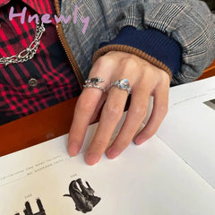 Hnewly Fashion Punk Gemstone Irregular Metal Ring For Women Men Personality Design Crystal Opening