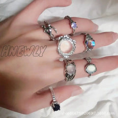 Hnewly Fashion Punk Gemstone Irregular Metal Ring For Women Men Personality Design Crystal Opening