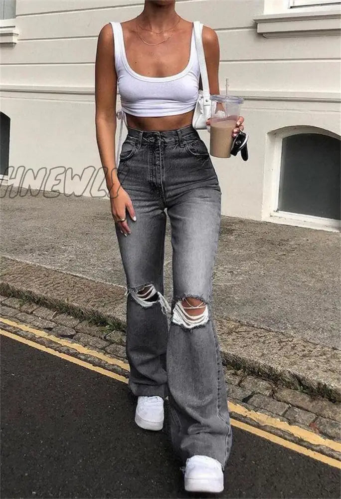 Hnewly Fashion Ripped Jeans Women High Waist Straight Denim Mom Pants Baggy Washed Blue Casual