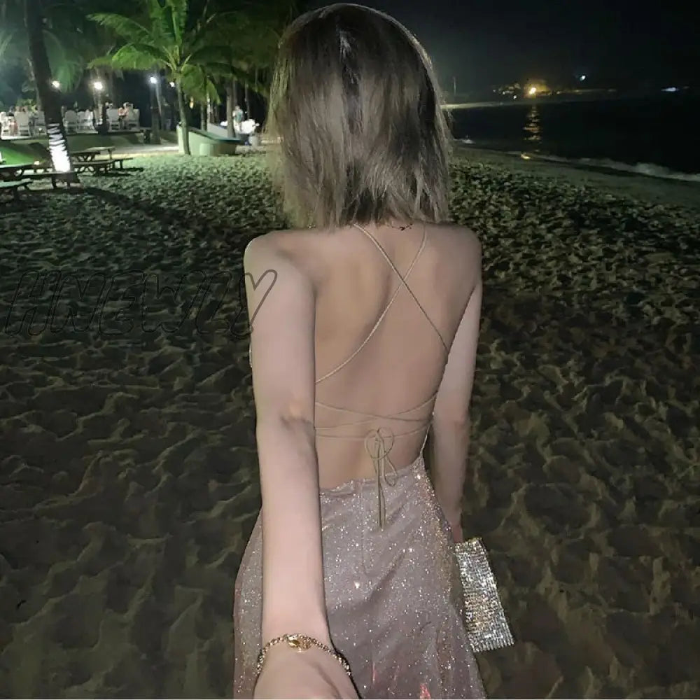 Hnewly Fashion Sequin Pink Dress Women Sexy Backless Slim Fit Spaghetti Strap Dresses Elegant Off