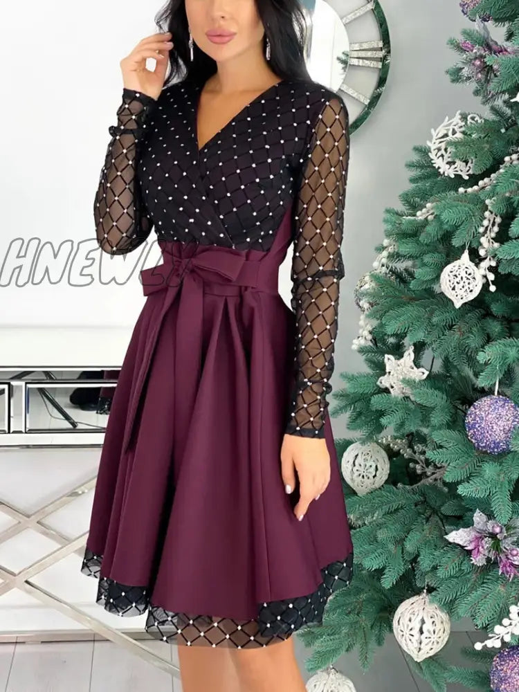 Hnewly Fashion Shiny Sequin Diamond Mesh Stitching Dress Women Spring Autumn Sheer Long Sleeve