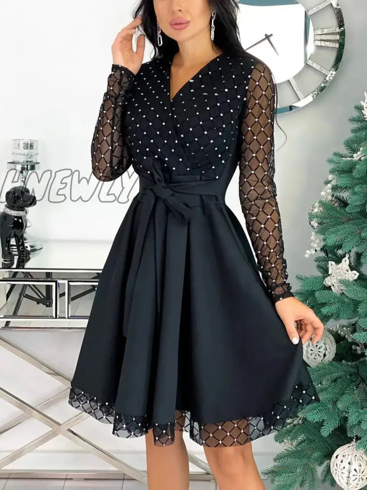 Hnewly Fashion Shiny Sequin Diamond Mesh Stitching Dress Women Spring Autumn Sheer Long Sleeve