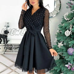 Hnewly Fashion Shiny Sequin Diamond Mesh Stitching Dress Women Spring Autumn Sheer Long Sleeve