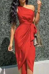 Hnewly - Fashion Solid Bandage One Shoulder Irregular Dress Dresses(4 Colors) Red / S
