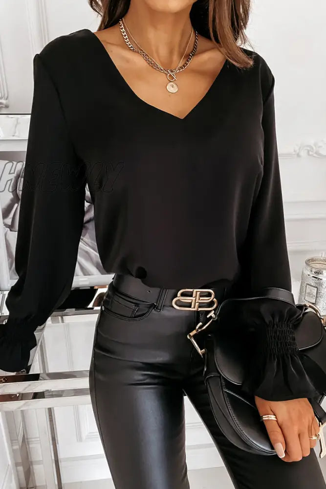 Hnewly - Fashion Solid Lace Backless V Neck Tops Black / S Tops/Long Sleeve