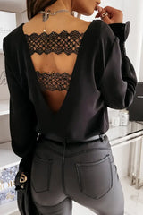 Hnewly - Fashion Solid Lace Backless V Neck Tops Tops/Long Sleeve