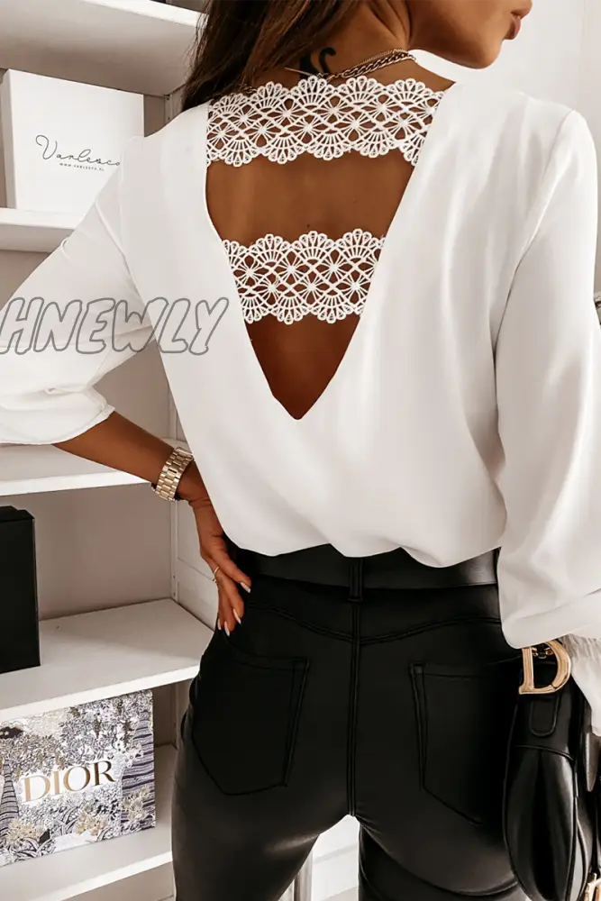 Hnewly - Fashion Solid Lace Backless V Neck Tops Tops/Long Sleeve