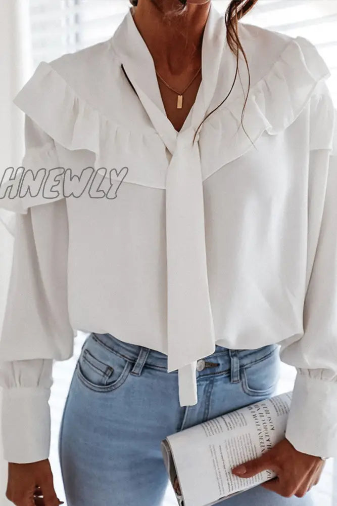 Hnewly - Fashion Street Solid Patchwork Frenulum Turndown Collar Tops White / S Tops/Long Sleeve