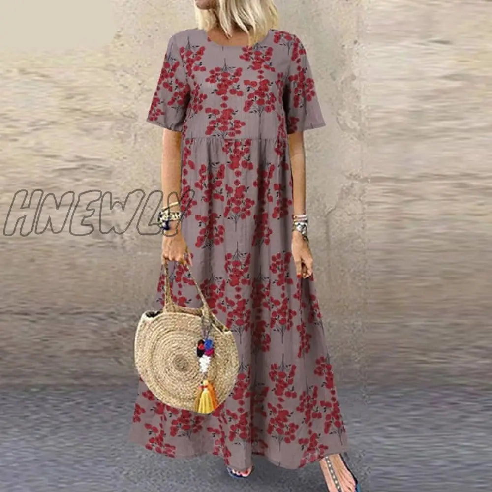 Hnewly Fashion Summer Maxi Dress Women’s Printed Sundress Casual Short Sleeve Vestidos Female