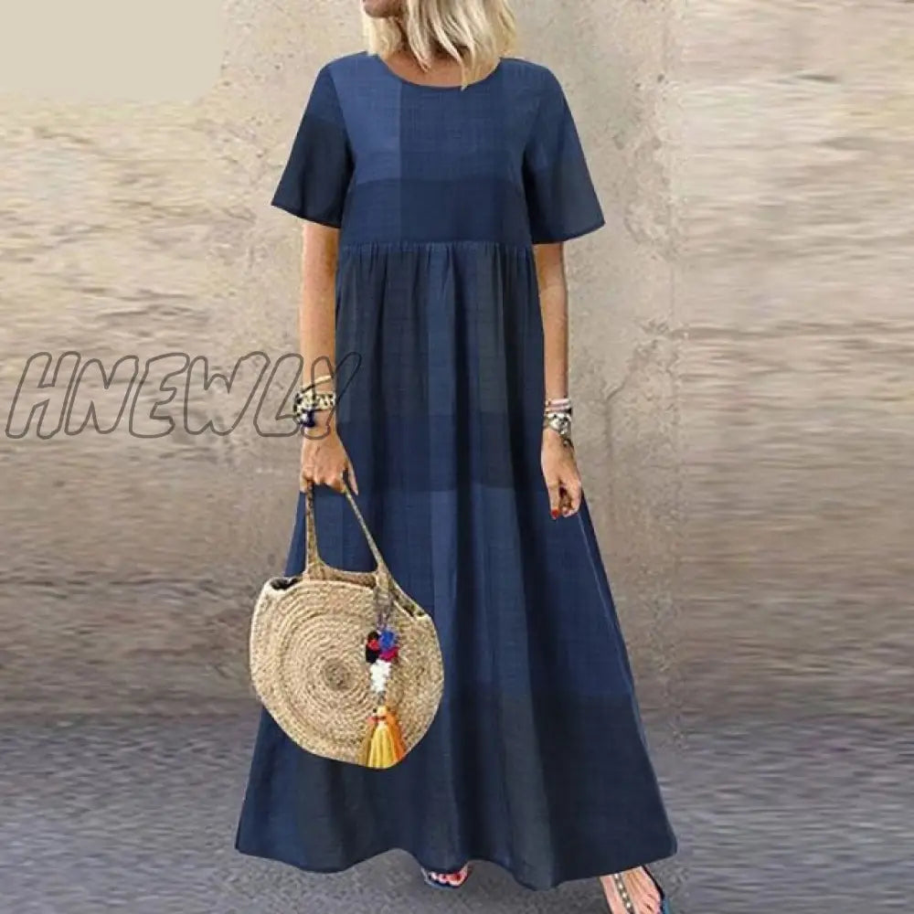 Hnewly Fashion Summer Maxi Dress Women’s Printed Sundress Casual Short Sleeve Vestidos Female