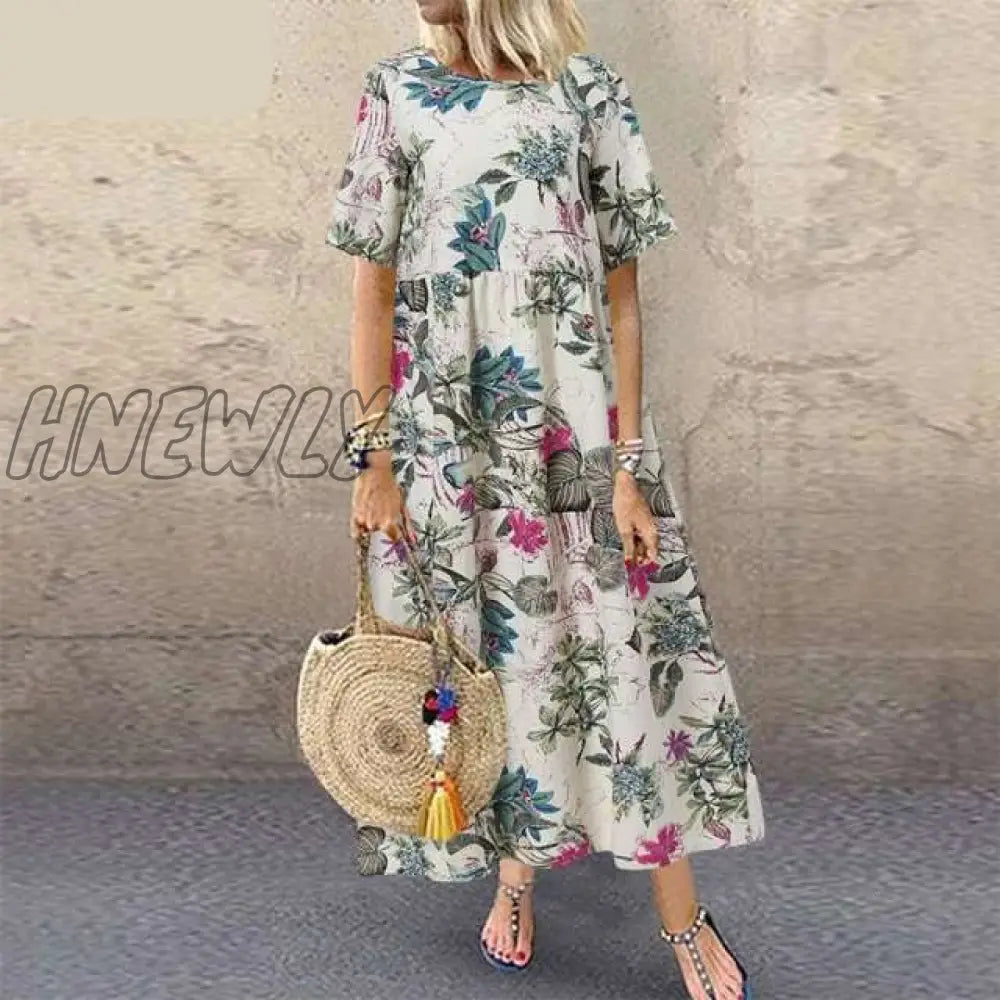 Hnewly Fashion Summer Maxi Dress Women’s Printed Sundress Casual Short Sleeve Vestidos Female