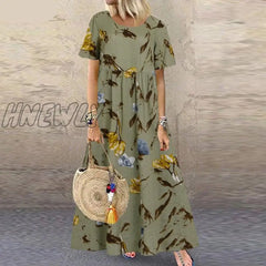 Hnewly Fashion Summer Maxi Dress Women’s Printed Sundress Casual Short Sleeve Vestidos Female