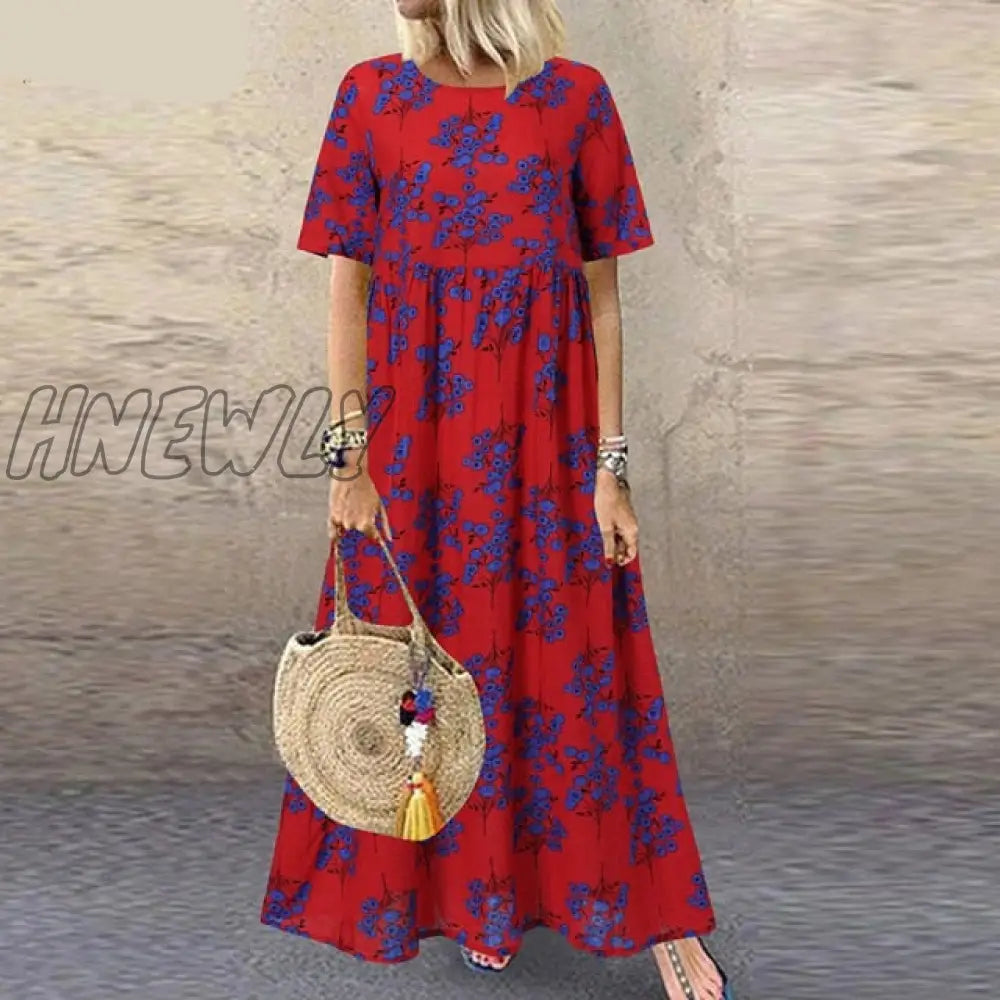 Hnewly Fashion Summer Maxi Dress Women’s Printed Sundress Casual Short Sleeve Vestidos Female