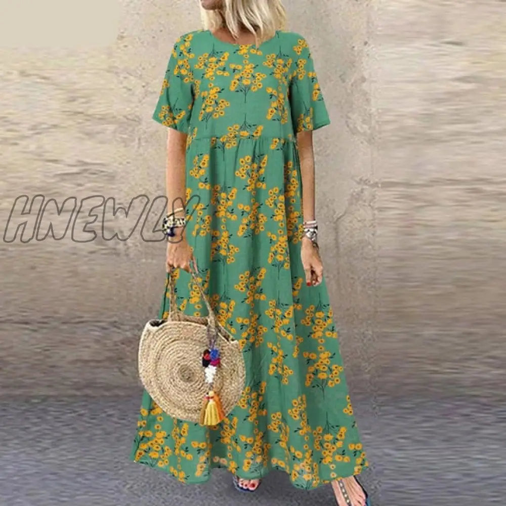 Hnewly Fashion Summer Maxi Dress Women’s Printed Sundress Casual Short Sleeve Vestidos Female