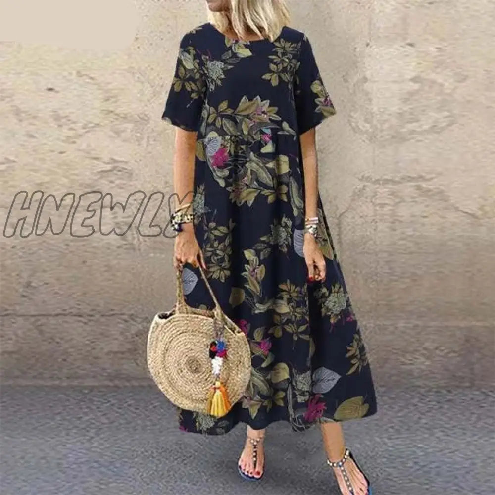 Hnewly Fashion Summer Maxi Dress Women’s Printed Sundress Casual Short Sleeve Vestidos Female