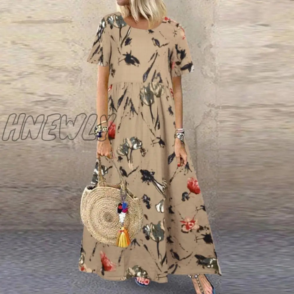 Hnewly Fashion Summer Maxi Dress Women’s Printed Sundress Casual Short Sleeve Vestidos Female