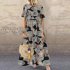 Hnewly Fashion Summer Maxi Dress Women’s Printed Sundress Casual Short Sleeve Vestidos Female