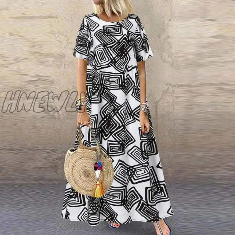 Hnewly Fashion Summer Maxi Dress Women’s Printed Sundress Casual Short Sleeve Vestidos Female