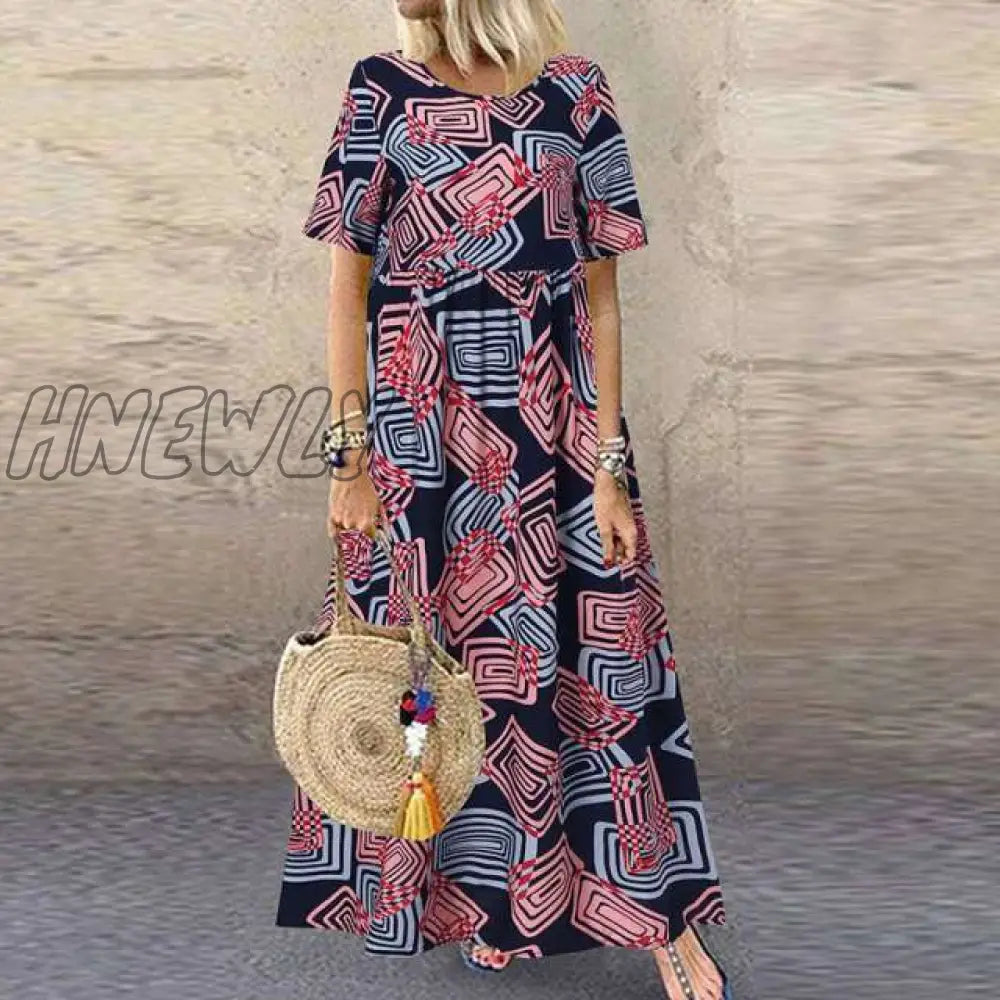 Hnewly Fashion Summer Maxi Dress Women’s Printed Sundress Casual Short Sleeve Vestidos Female