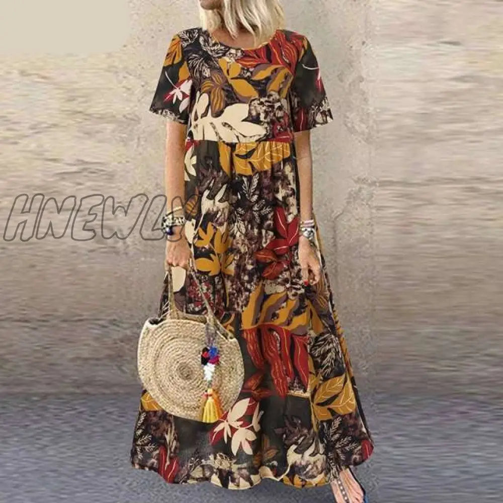 Hnewly Fashion Summer Maxi Dress Women’s Printed Sundress Casual Short Sleeve Vestidos Female