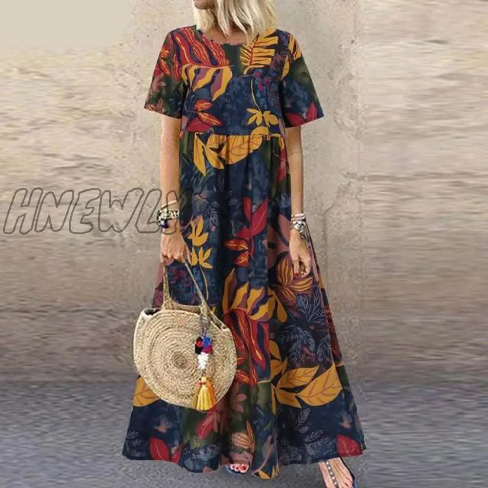 Hnewly Fashion Summer Maxi Dress Women’s Printed Sundress Casual Short Sleeve Vestidos Female