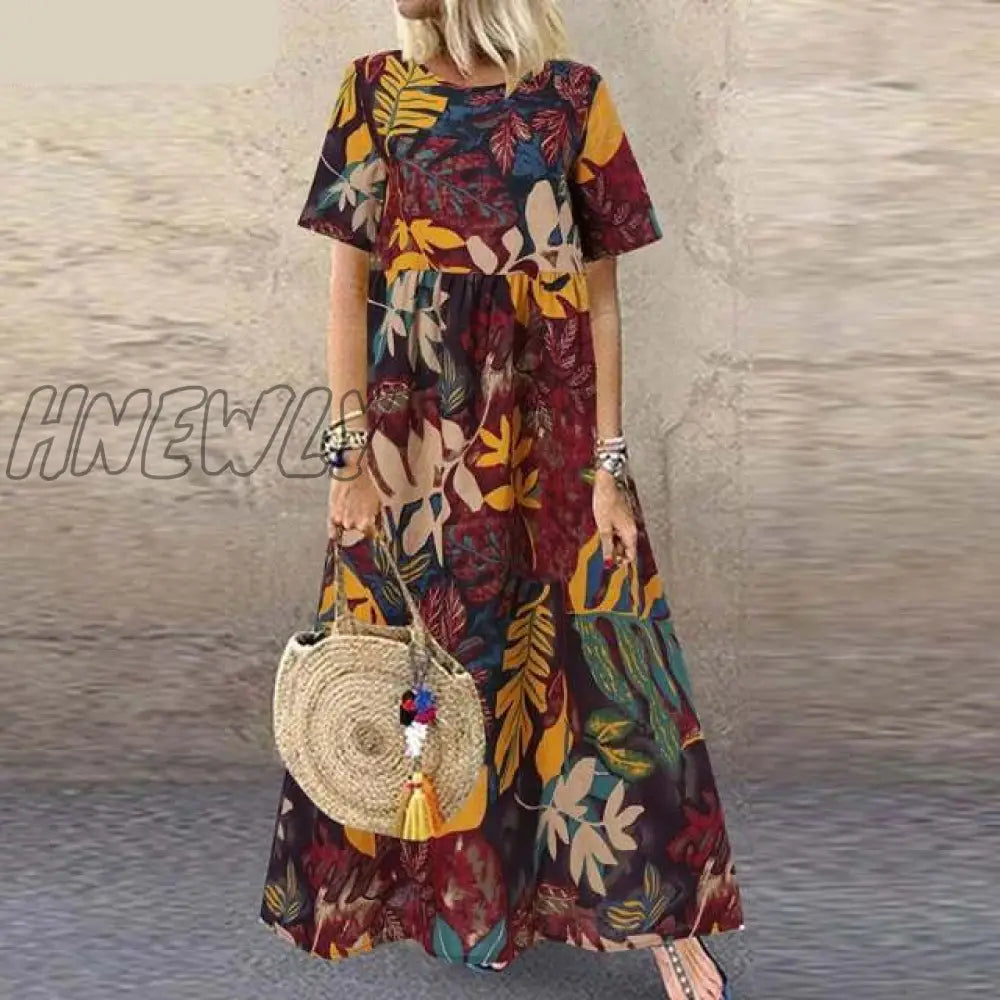 Hnewly Fashion Summer Maxi Dress Women’s Printed Sundress Casual Short Sleeve Vestidos Female