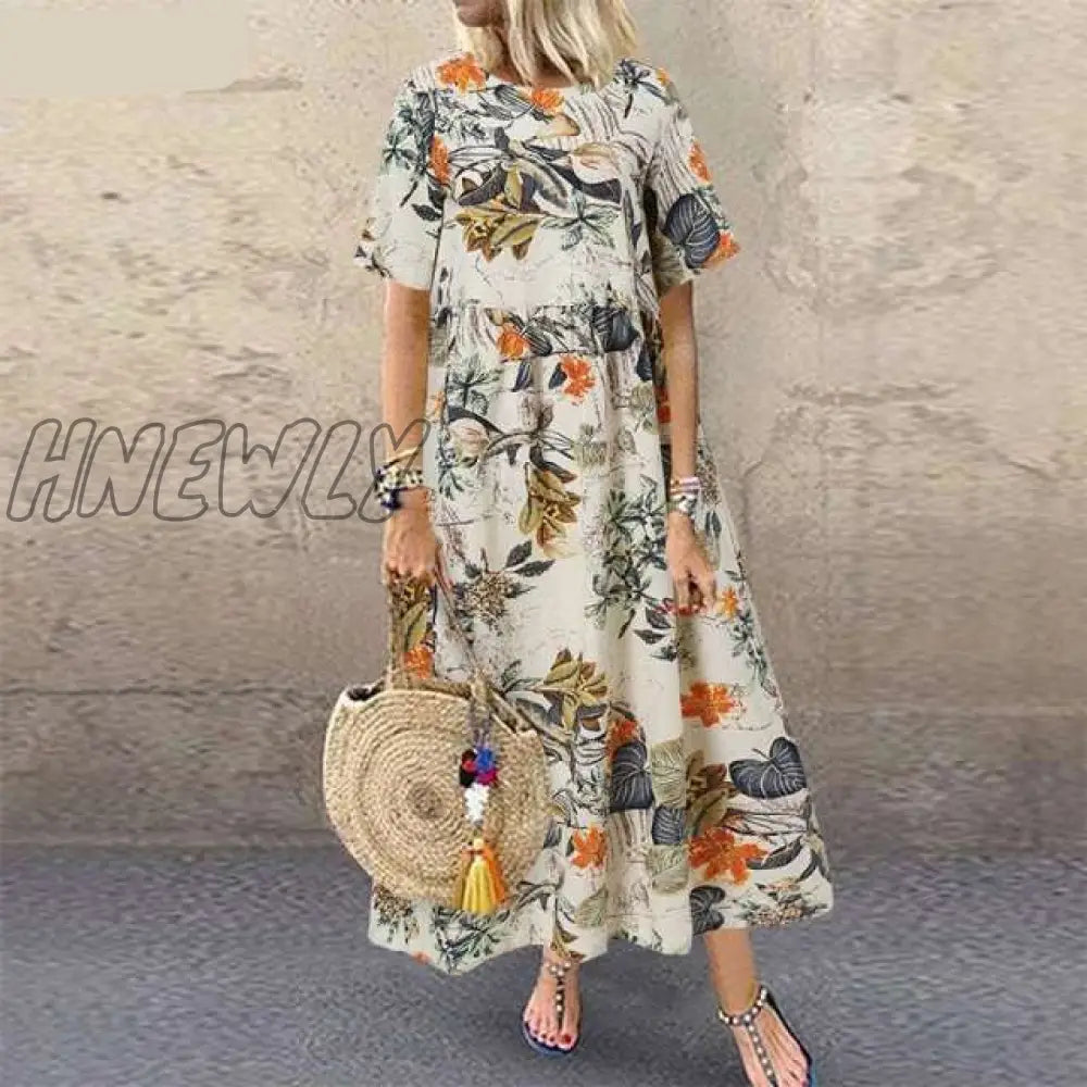 Hnewly Fashion Summer Maxi Dress Women’s Printed Sundress Casual Short Sleeve Vestidos Female