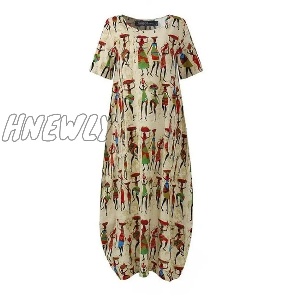 Hnewly Fashion Summer Maxi Dress Women’s Printed Sundress Casual Short Sleeve Vestidos Female