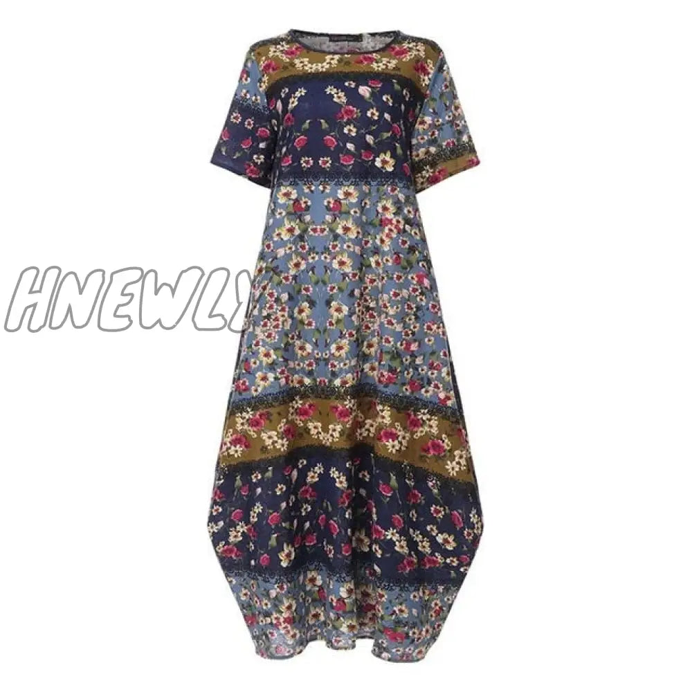 Hnewly Fashion Summer Maxi Dress Women’s Printed Sundress Casual Short Sleeve Vestidos Female