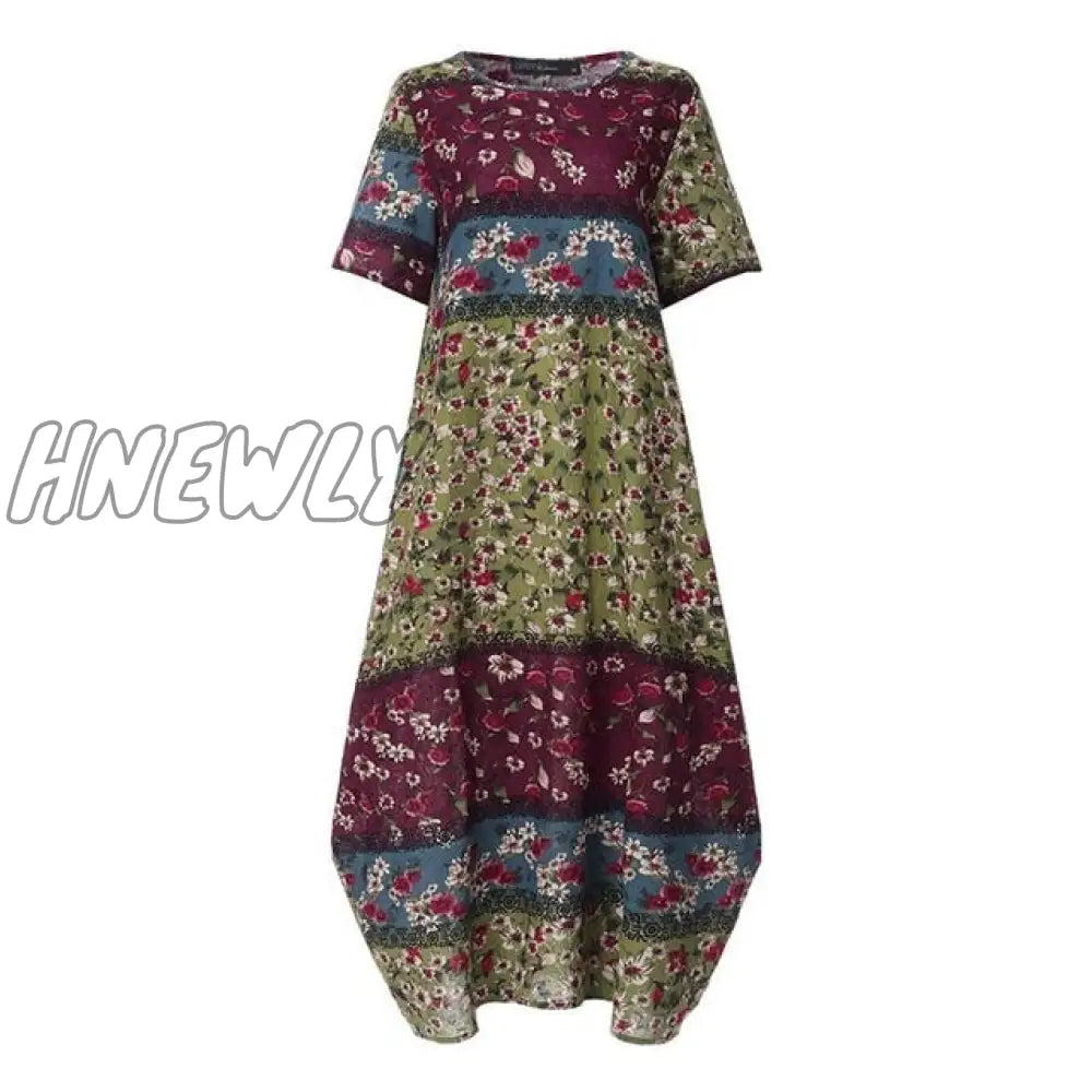 Hnewly Fashion Summer Maxi Dress Women’s Printed Sundress Casual Short Sleeve Vestidos Female