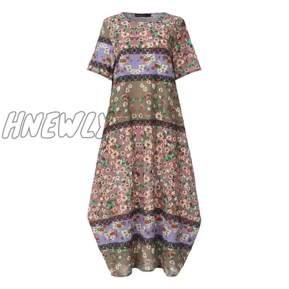 Hnewly Fashion Summer Maxi Dress Women’s Printed Sundress Casual Short Sleeve Vestidos Female