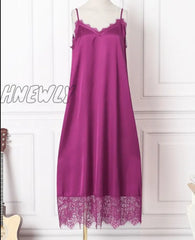 Hnewly Fashion Summer Women Satin Dresses Lace Patchwork Sleeveless Maxi Sundress Oversized Casual