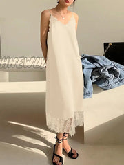 Hnewly Fashion Summer Women Satin Dresses Lace Patchwork Sleeveless Maxi Sundress Oversized Casual