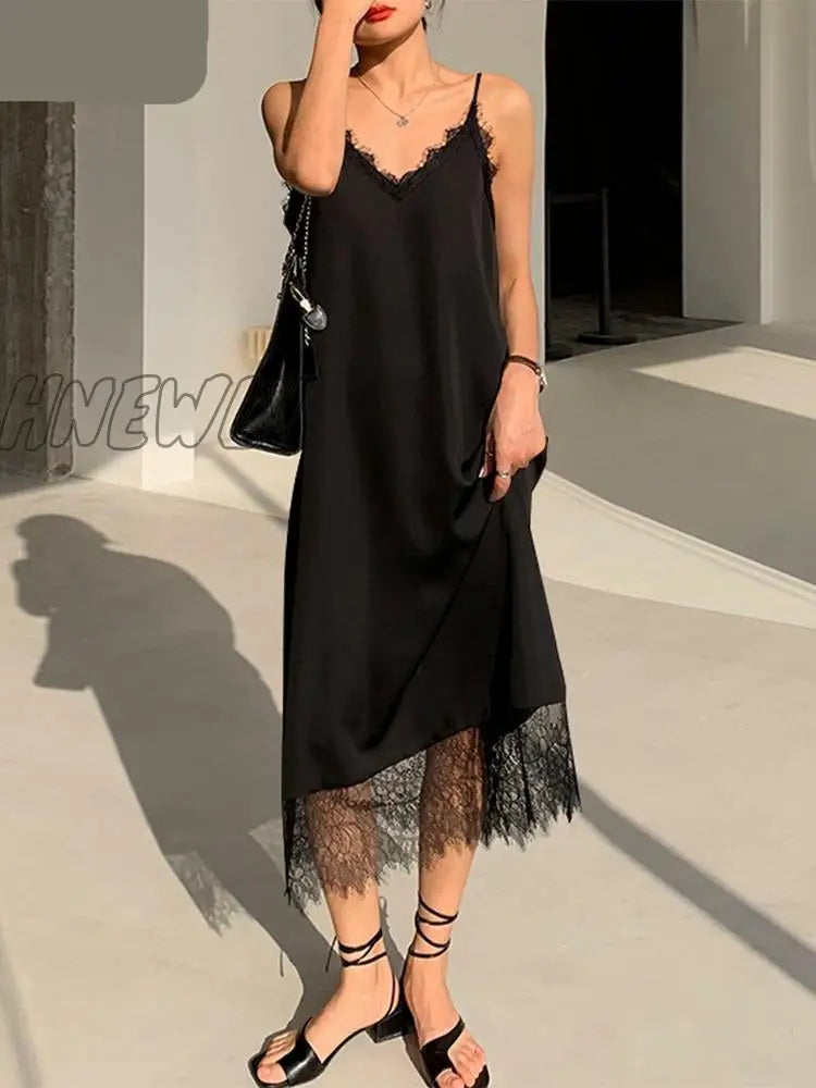 Hnewly Fashion Summer Women Satin Dresses Lace Patchwork Sleeveless Maxi Sundress Oversized Casual