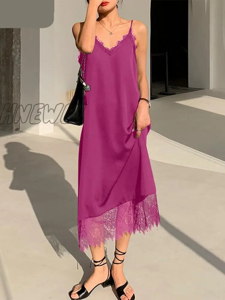 Hnewly Fashion Summer Women Satin Dresses Lace Patchwork Sleeveless Maxi Sundress Oversized Casual