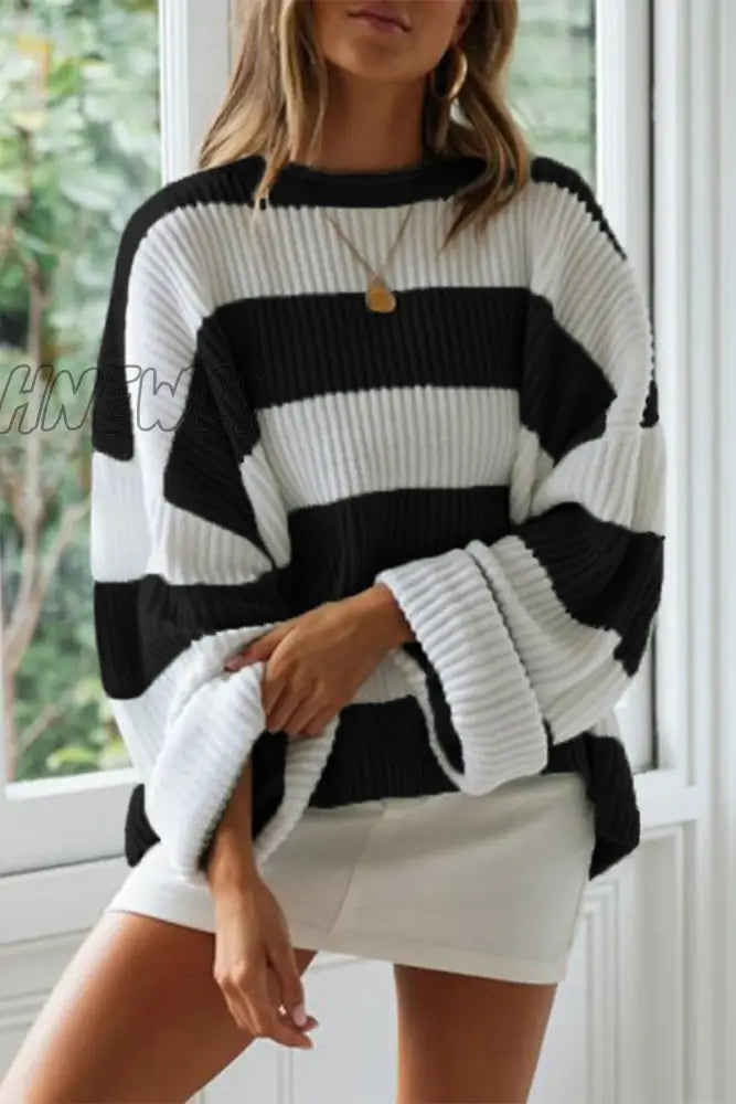 Hnewly - Fashion Sweet Striped Contrast O Neck Sweaters(5 Colors) Black / S Tops/Sweaters &