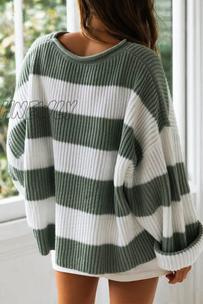 Hnewly - Fashion Sweet Striped Contrast O Neck Sweaters(5 Colors) Tops/Sweaters & Cardigans