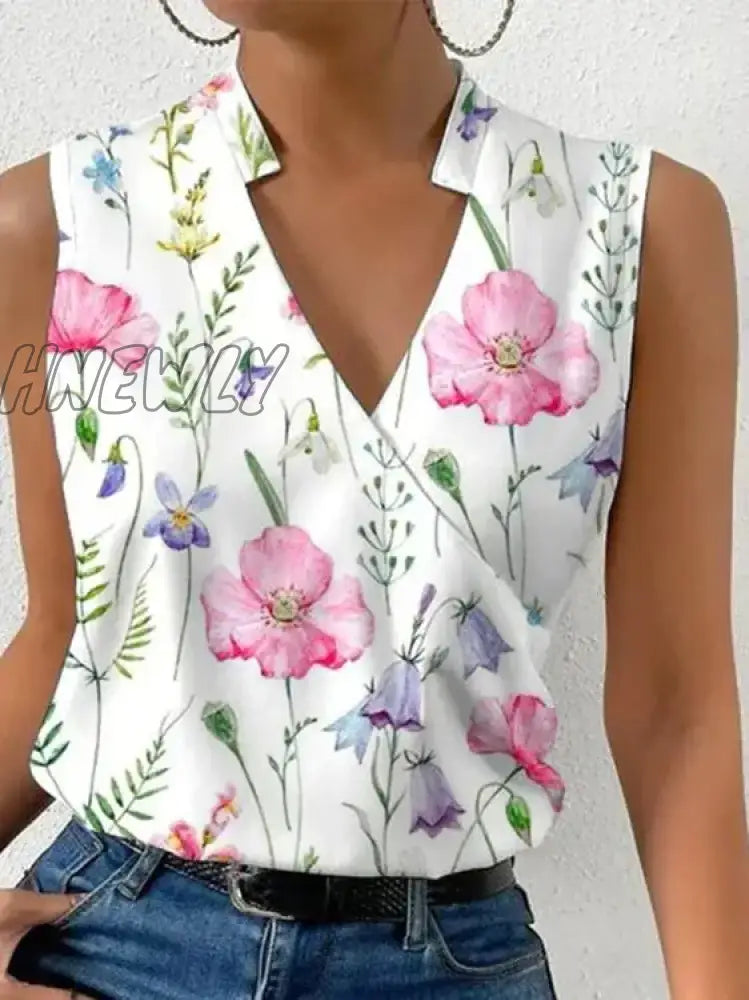 Hnewly Fashion V-Neck Sleeveless Print Women Tops And Blouses Summer Casual White Tank Top Femme