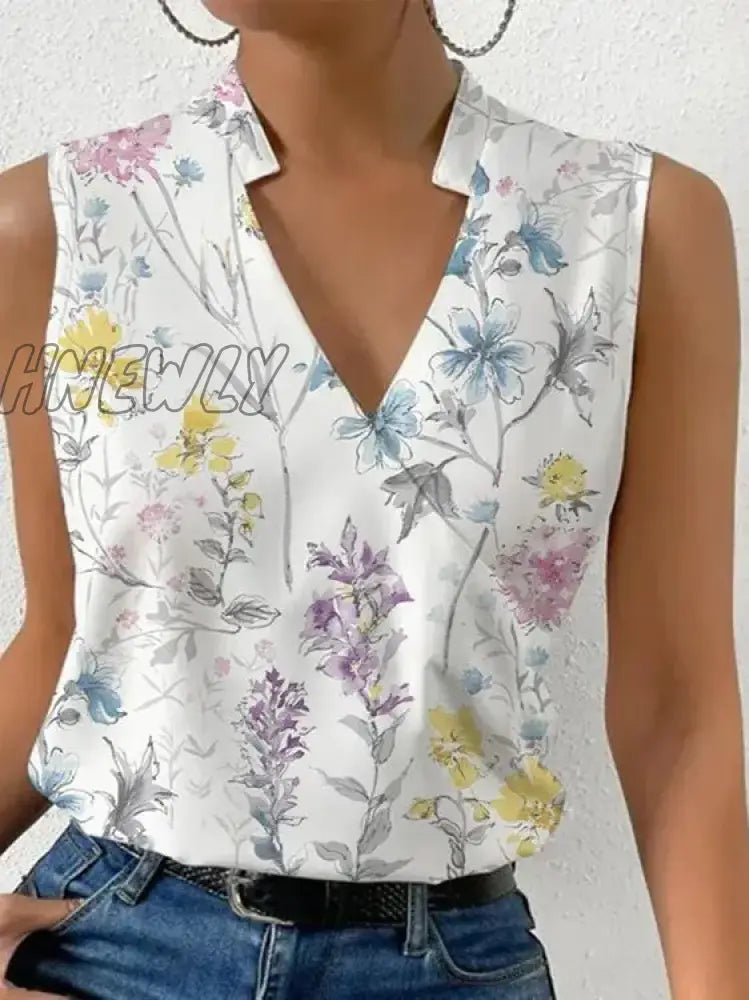 Hnewly Fashion V-Neck Sleeveless Print Women Tops And Blouses Summer Casual White Tank Top Femme